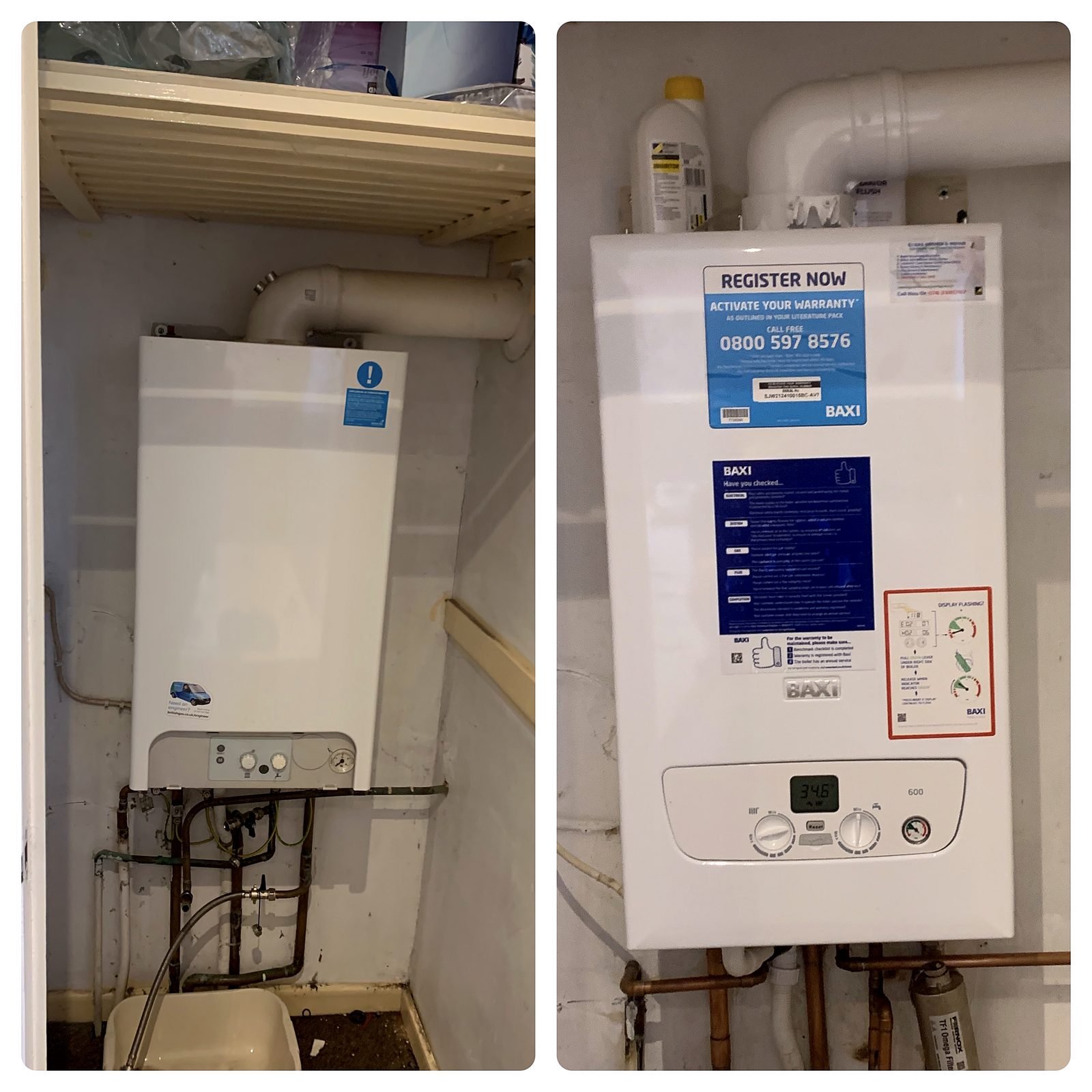 Before and after: an old combi replaced with a Baxi 600 in the same cupboard