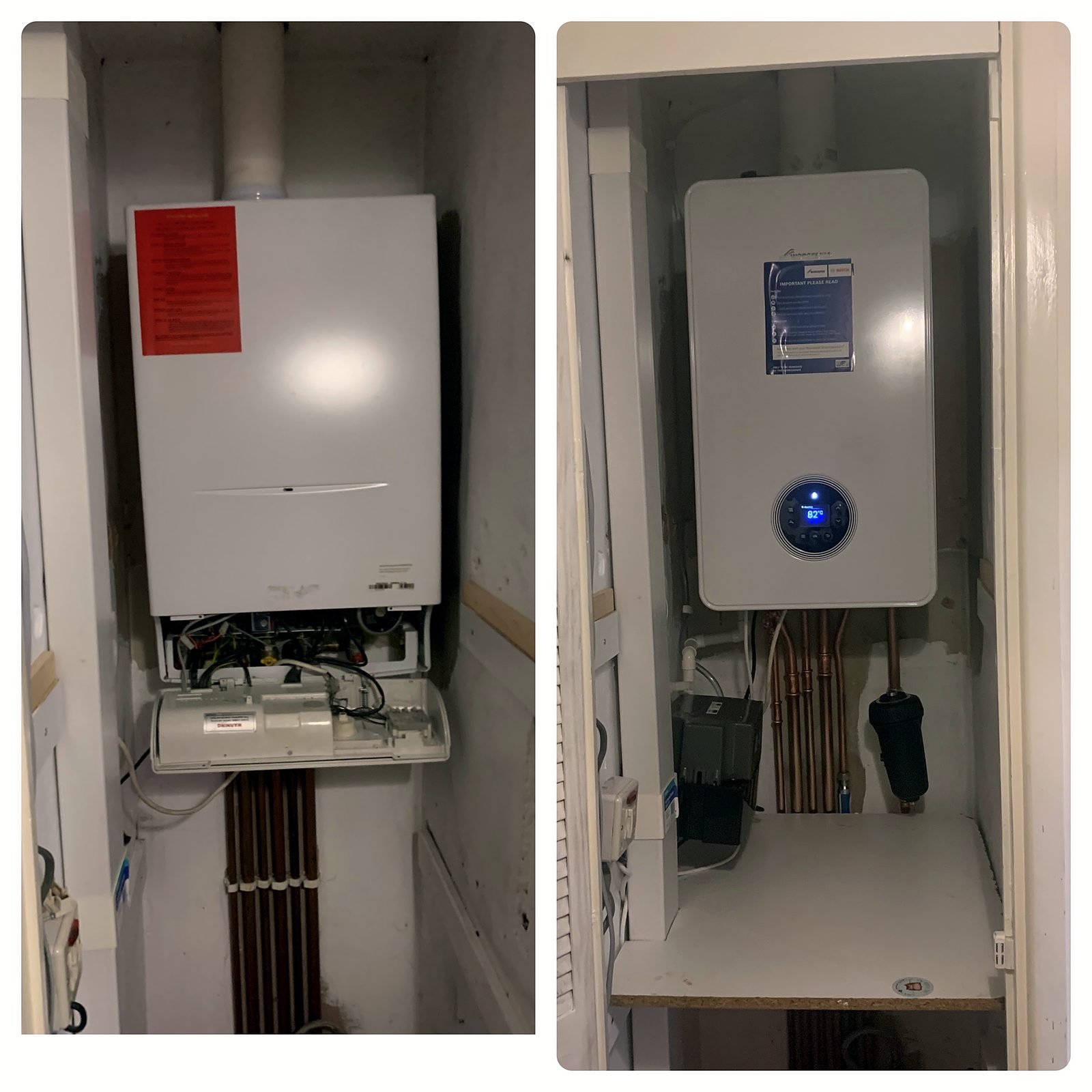 Before and after: old boiler removed and a new Worcester Greenstar combi fitted in the same cupboard