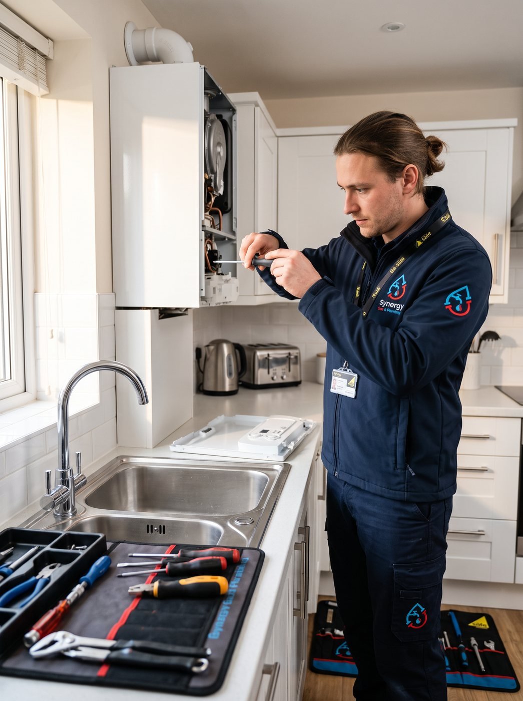 Synergy Gas and Plumbing engineer diagnosing a boiler fault