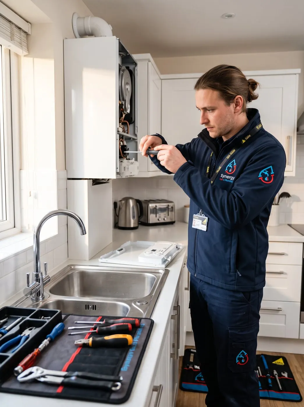 Synergy Gas and Plumbing engineer diagnosing a boiler fault