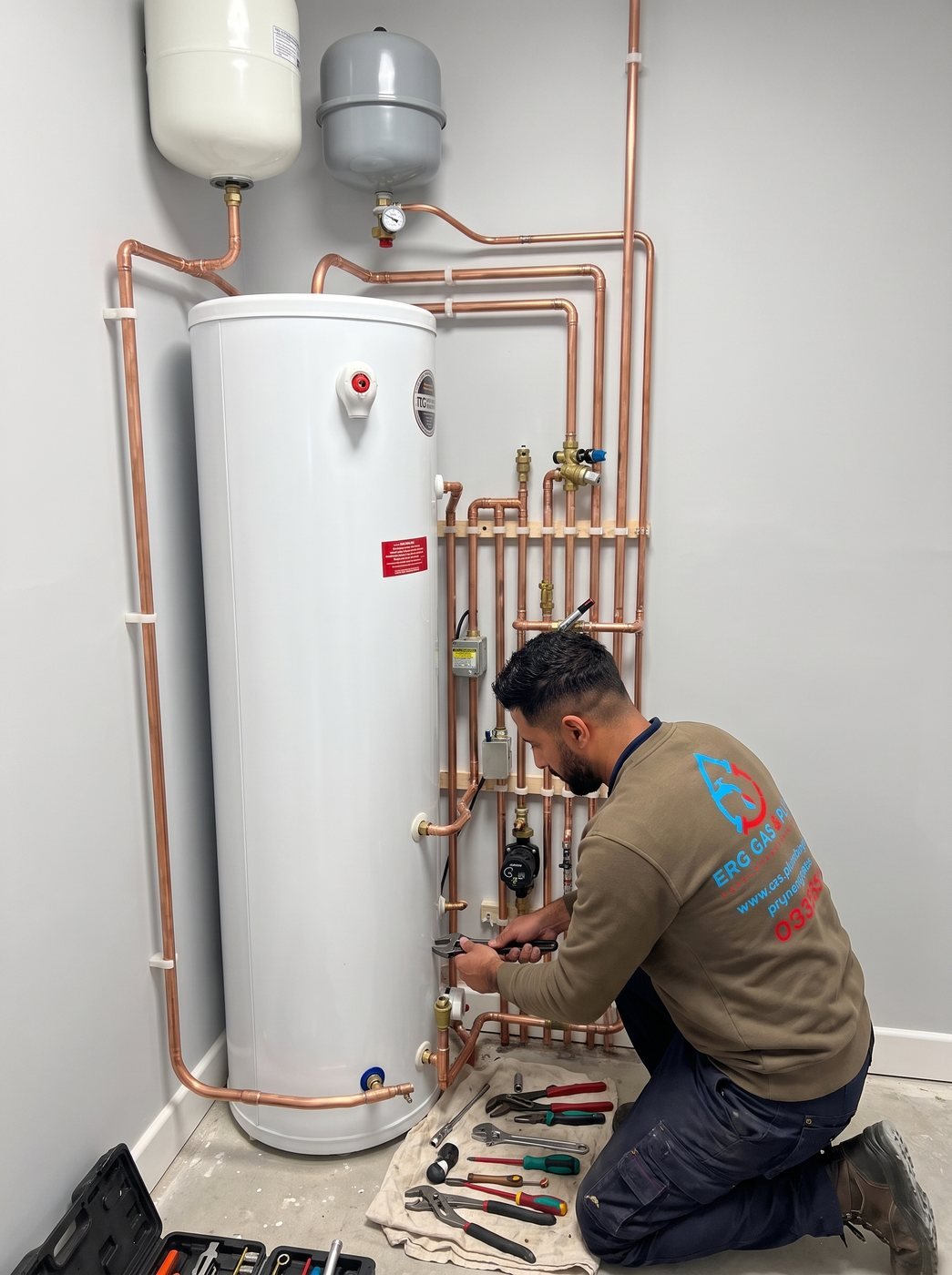 Hot water cylinder being decommissioned during a combi conversion