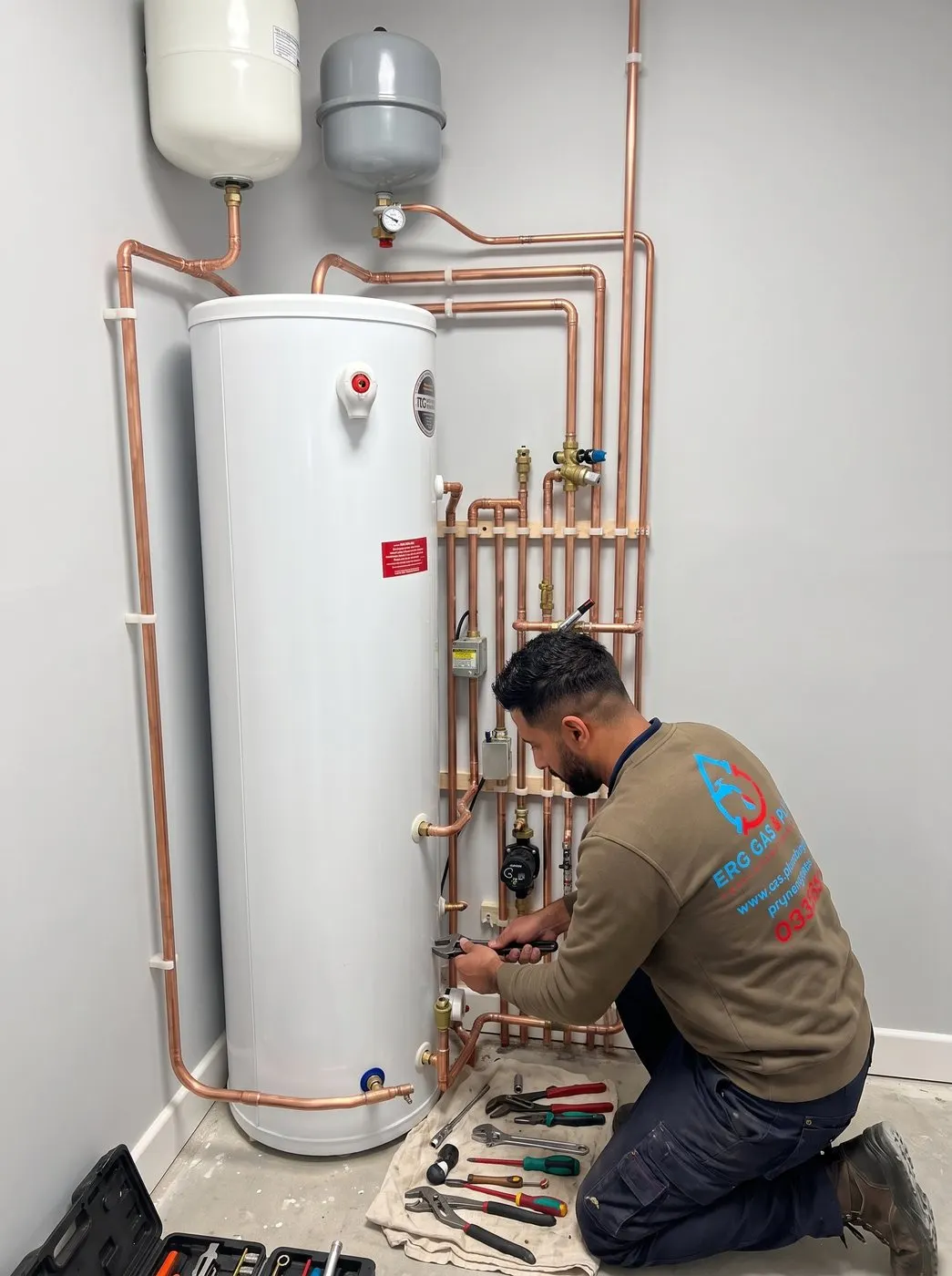 Hot water cylinder being decommissioned during a combi conversion